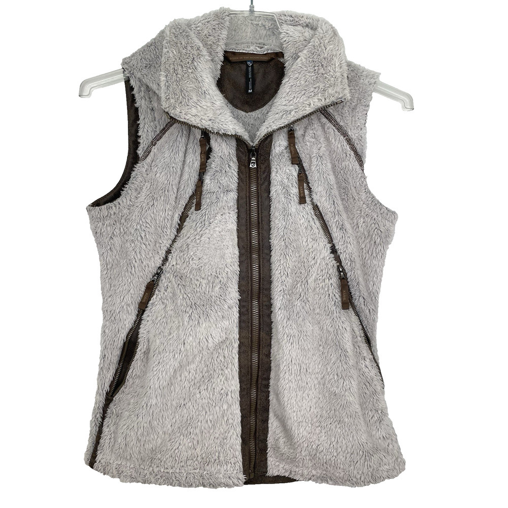 Kuhl Flight Vest Women's Medium Beige Teddy Bear Fleece Full Zip Hide Away Hood